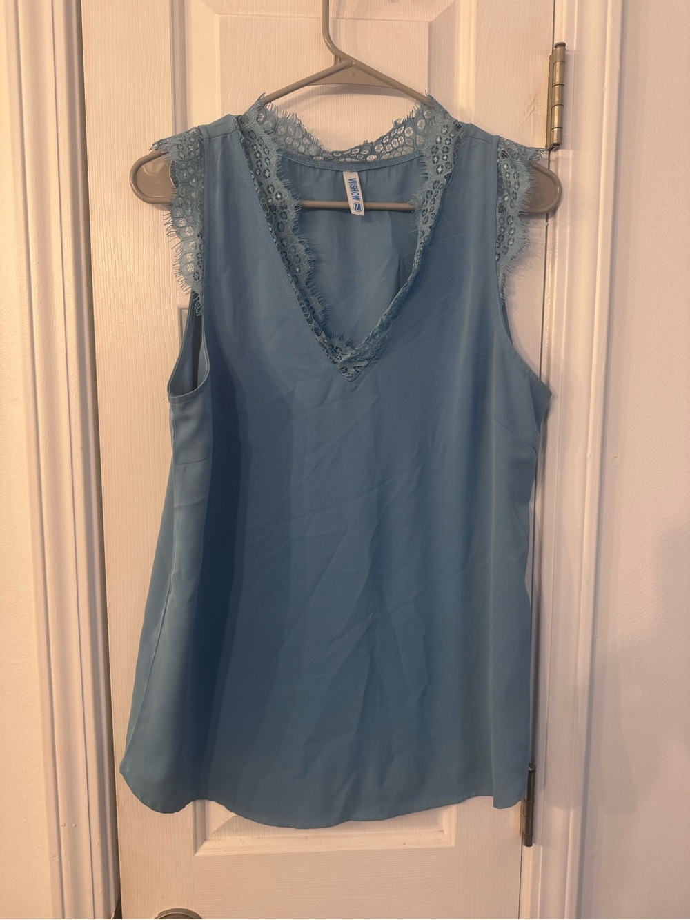 Blue Lace-Trim Sleeveless V-Neck Top
